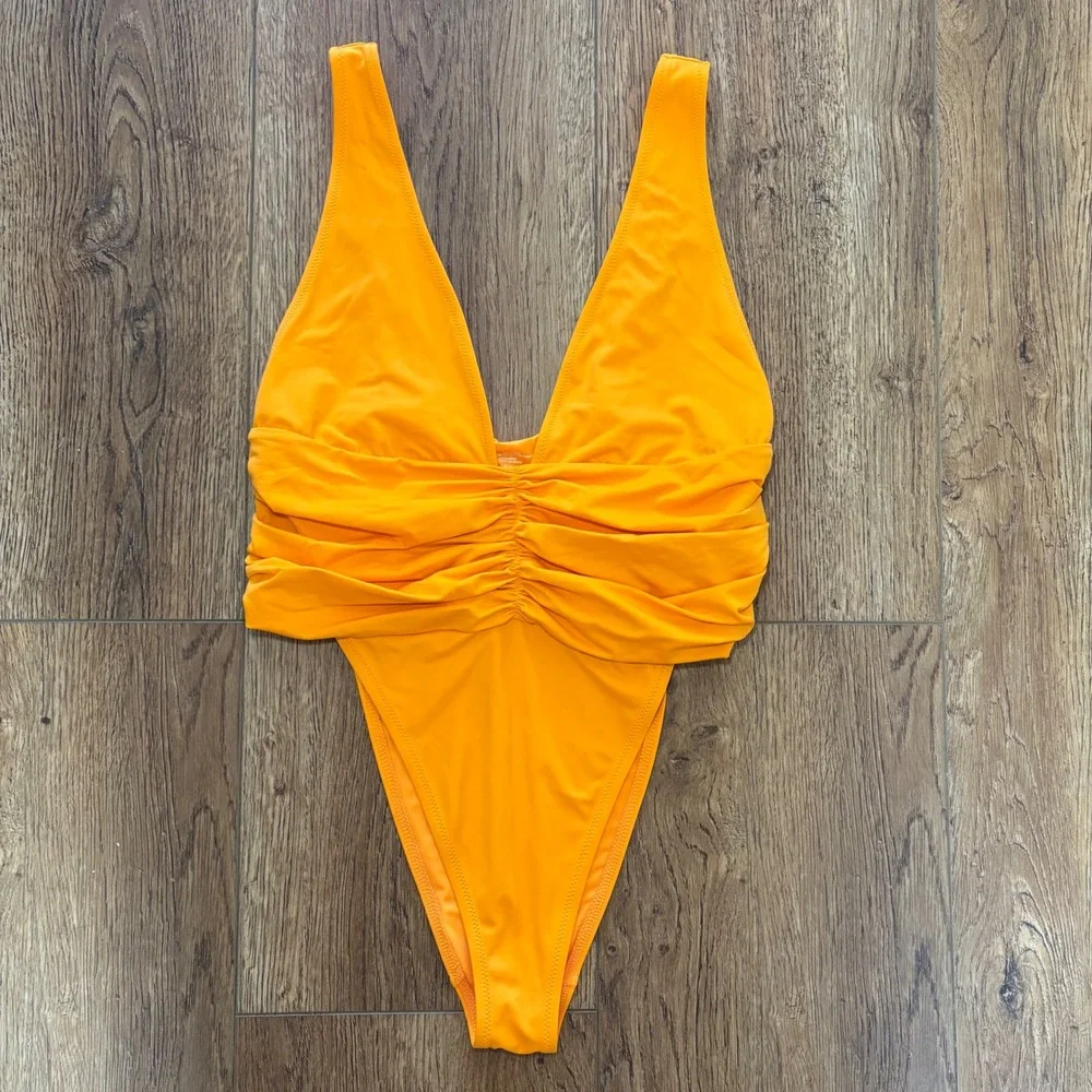 Aerie Shine Plunge Ruched One Piece Cheekiest Womens Large Orange Swimsuit beach